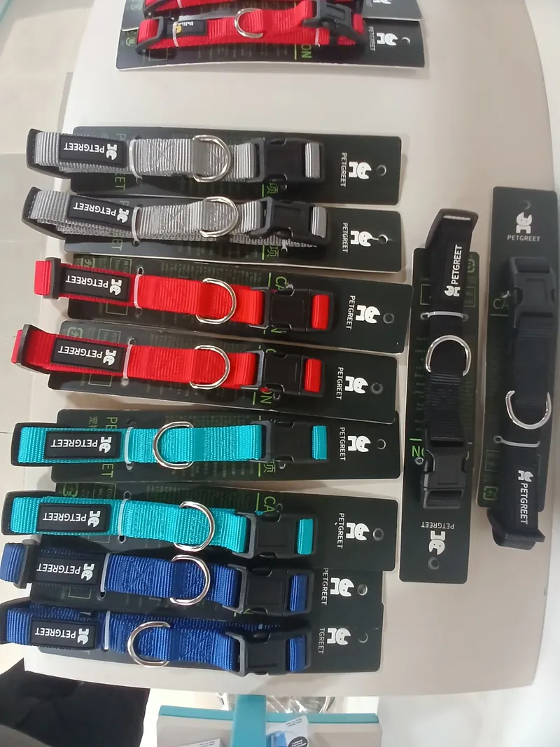 Pet collars and leashes on display