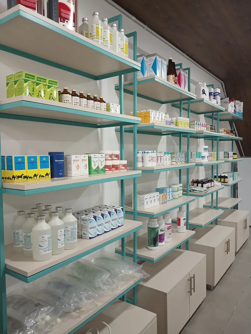Shelves of veterinary medicines in the pharmacy